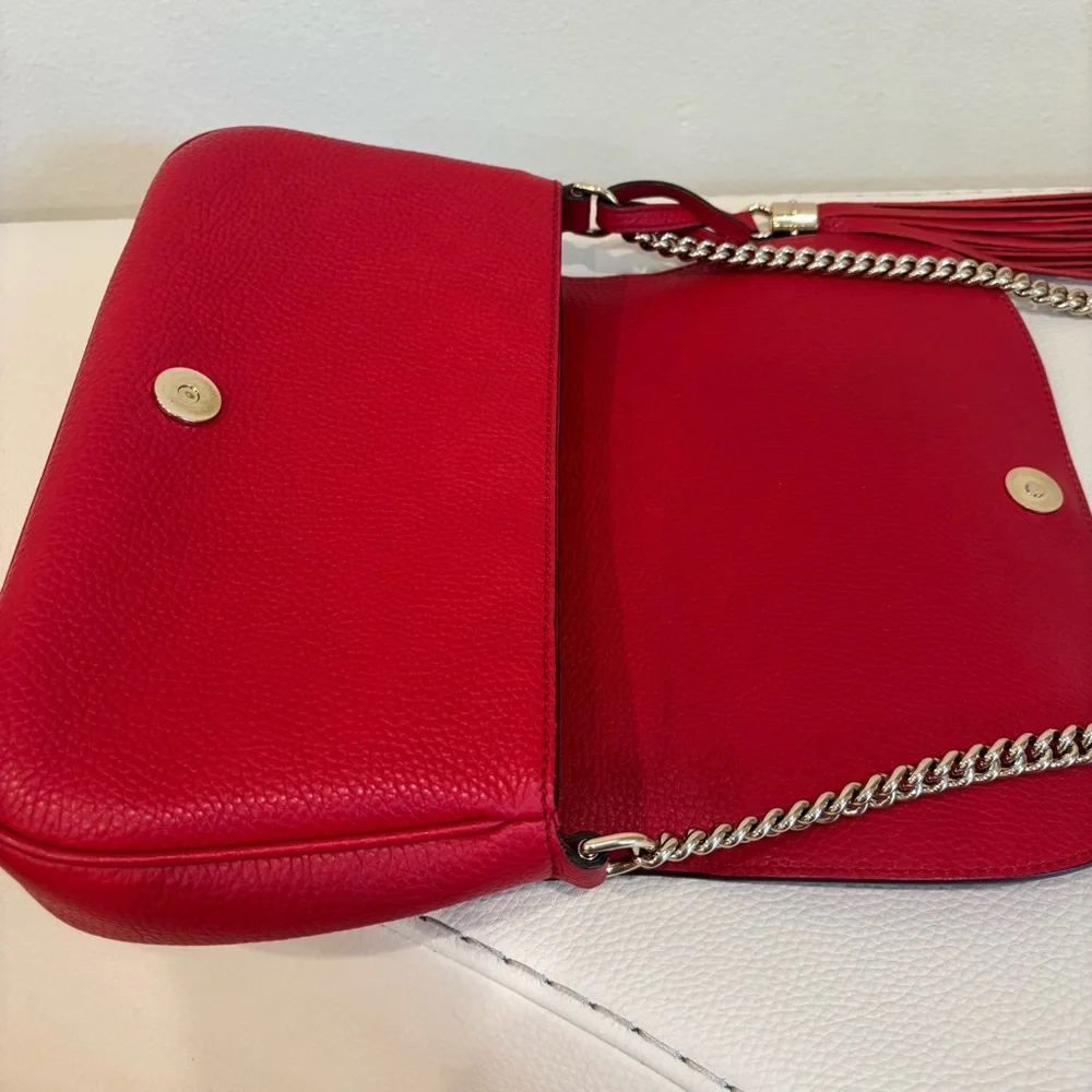 GUCCI SOHO DISCO GG Tassel Chain Crossbody Flap Red Calfskin Leather Bag